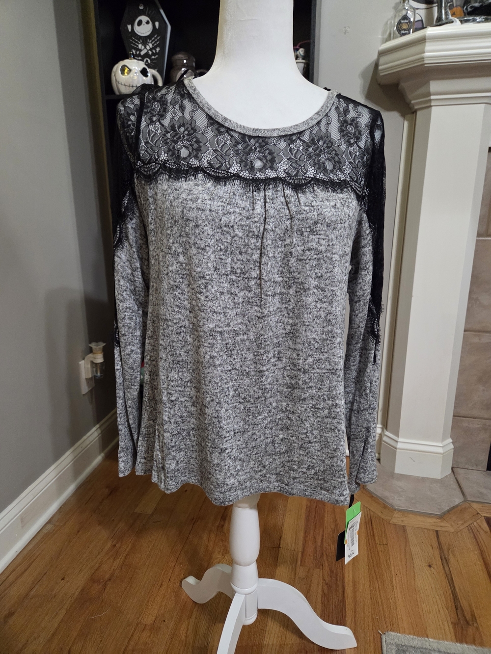 Takara Gray Knit Top with Black Lace Yoke